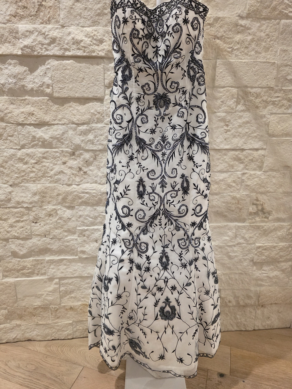 Strapless White Dress with Black Embroidered Floral Detail